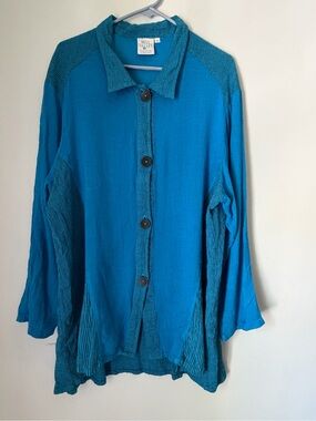 Mill Valley Clothing Co 1X Lagenlook Hobo Shirt Jacket Teal Art to Wear Tunic